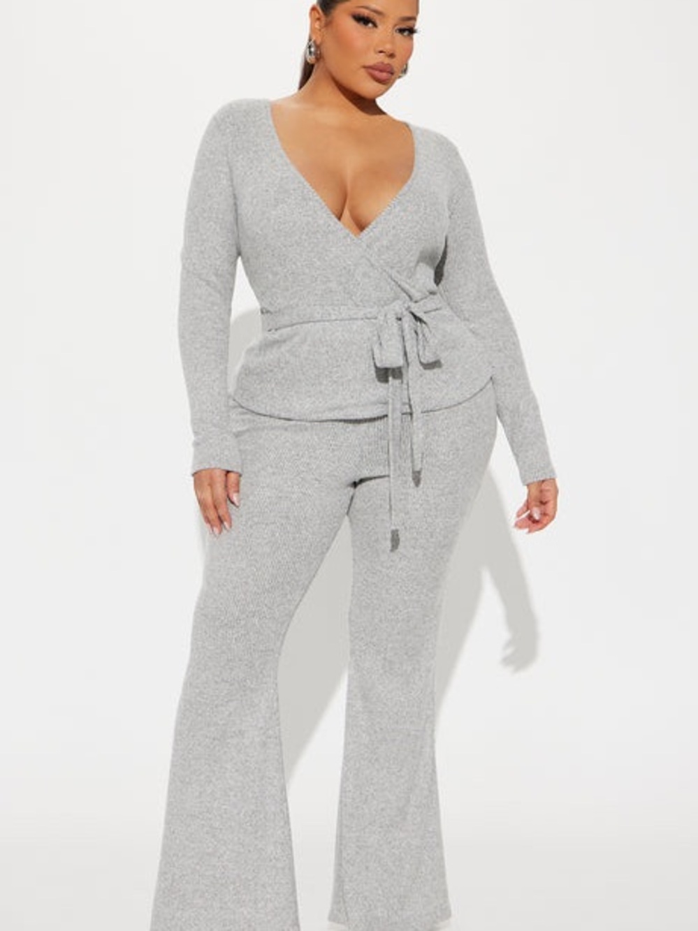 Fashion Nova Cozy Ribbed Knit Wrap Top & Flare Pant Set - Light Gray